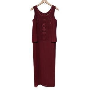 Studio I Cocktail Dress Womens 10 Dark Red Sleeveless Maxi Embroidered Beaded
